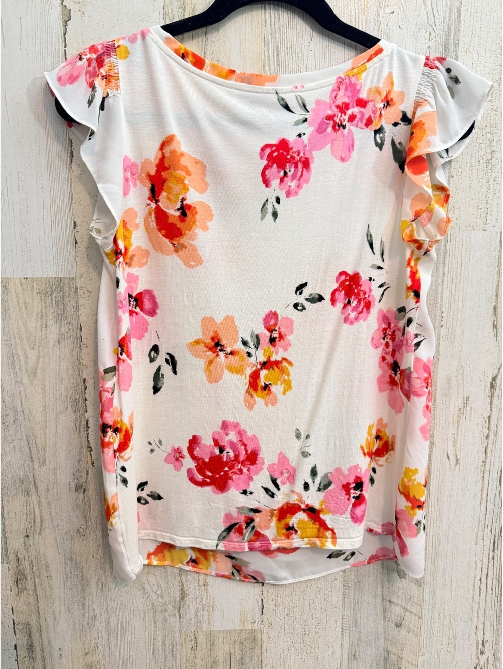 LOFT Petites XS Floral Flutter Sleeve Blouse White Pink Orange - Picture 3 of 10